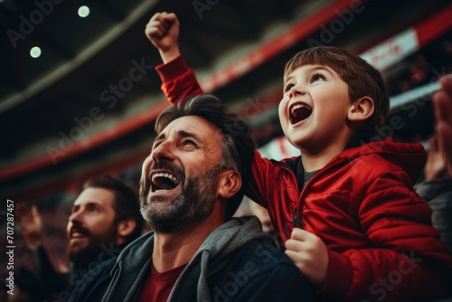 Father and son cheering in football stadium