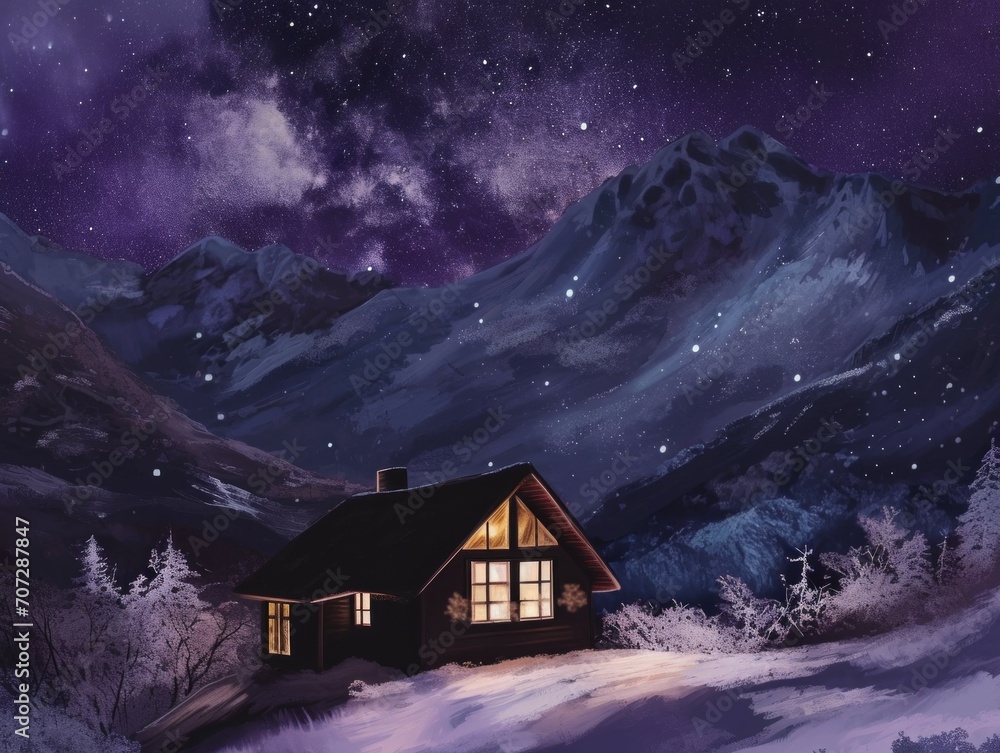 Snowy Sanctuary: Rustic Cabin's Glow Against the Night Sky Snowy Sanctuary: Rustic Cabin's Glow Against the Night Sky