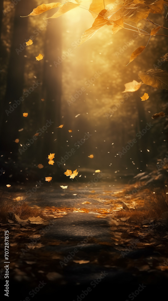 A heavily-detailed image of autumn magic forest, sunlight falling from behind, Autumn Forest Bokeh with Falling Leaves and Sunlight, Perfect for Backgrounds