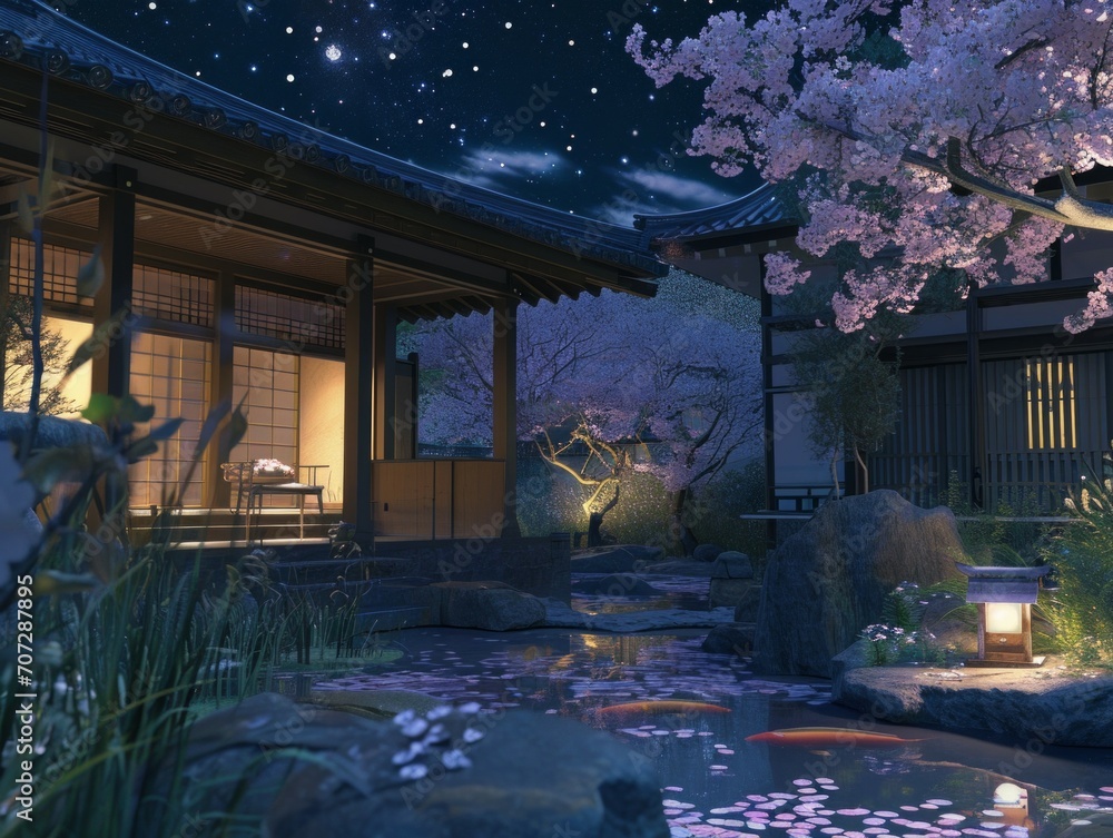 Cherry Blossoms and Koi: A Starlit Sanctuary