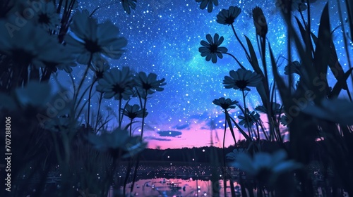 Floral Symphony: Starry Night and Glistening River Vista