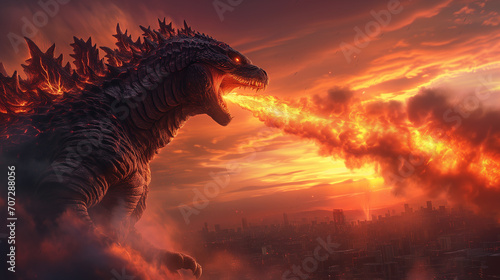 Huge godzilla shooting fire from his mouth. Game art style illustration.