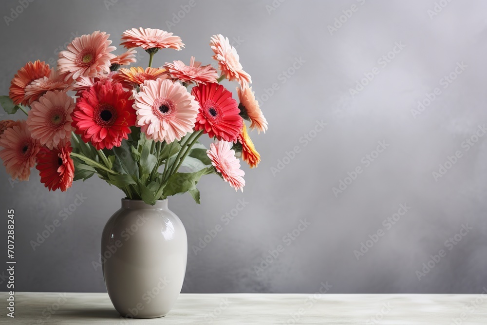 Bouquet of gerbera flower in vase on grey background