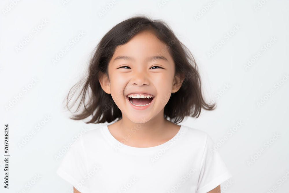 Studio portrait of a cheerful asian girl laughing at the camera on a white background. Studio portrait of a cheerful asian girl laughing at the camera on a white background.