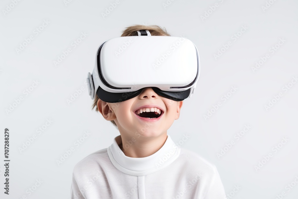 Child boy wearing virtual reality glasses on white background Child boy wearing virtual reality glasses on white background