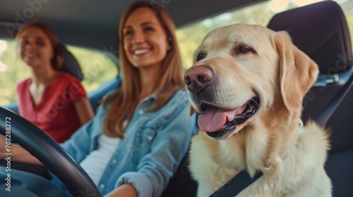 Two women and a dog sitting in a car. Ideal for travel or road trip concepts