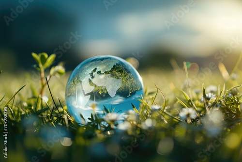 A glass globe sits on top of a vibrant, lush green field. Perfect for illustrating concepts of sustainability, nature, and environmental conservation © Fotograf