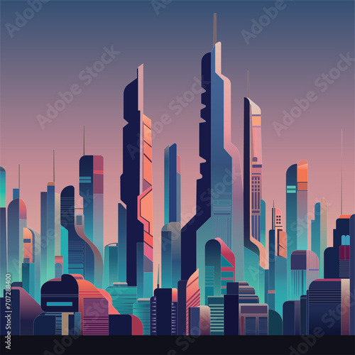 abstract future city skyline, retro illustration, flat vector illustration