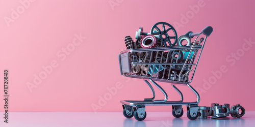 Shopping cart with car parts on pink background.