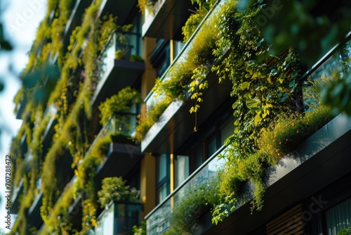 The windows of the multi-story apartment building are planted with green plants. Greening concept. photo
