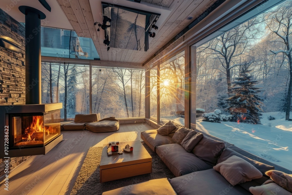 Modern living room with fireplace and view of winter landscape. Nobody inside