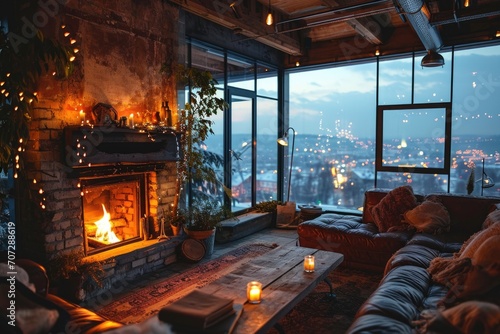 Cozy living room with fireplace and Christmas decorations at night. Industrial style.
