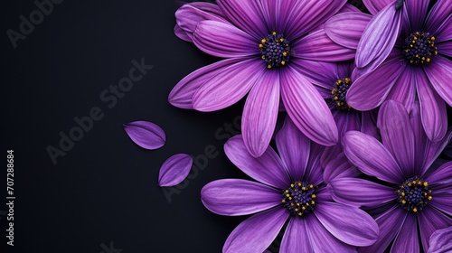 A bunch of purple flowers on a black surface. Perfect for adding a touch of elegance to any project