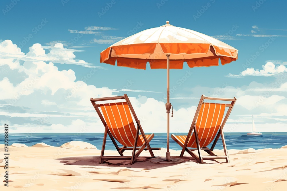 Tropical beach with umbrella and two sunbeds