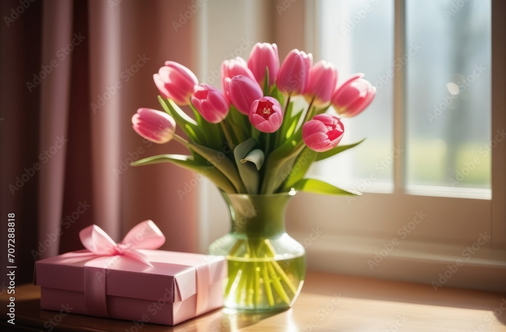 Bouquet of pink tulips by the window and gift box. Spring, holiday, March 8, Mother's Day, birthday Bouquet of pink tulips by the window and gift box. Spring, holiday, March 8, Mother's Day, birthday