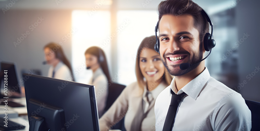 Portrait of smiling male customer support phone operator at office. Call center and customer service concept Portrait of smiling male customer support phone operator at office. Call center and customer service concept
