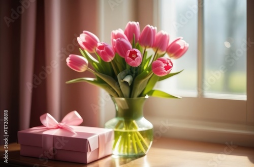 Bouquet of pink tulips by the window and gift box. Spring, holiday, March 8, Mother's Day, birthday © iloli