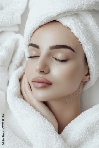 A woman with a towel wrapped around her head. Suitable for beauty, spa, and relaxation themes