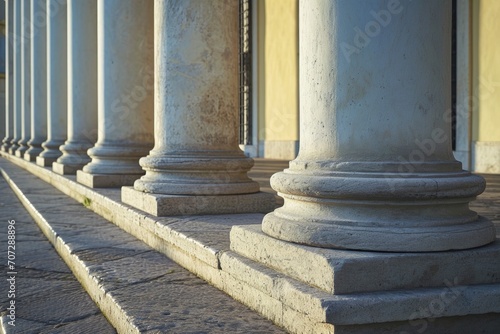 A row of white pillars sitting on top of a sidewalk. Can be used to depict architectural elements or as a background in various design projects