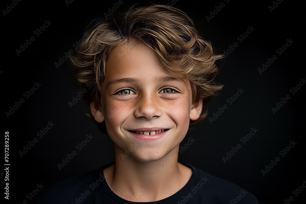 Portrait of a smiling boy on a black background. Close-up. Portrait of a smiling boy on a black background. Close-up.