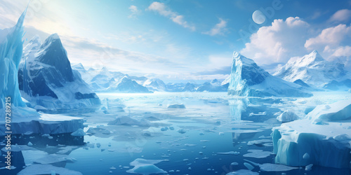Arctic winter landscape with large glaciers frozen sea and blizzards, Arctic ice field with floating icebergs, Beautiful winter landscape with icebergs and blue sky 3d rendering, AI Generative

 photo