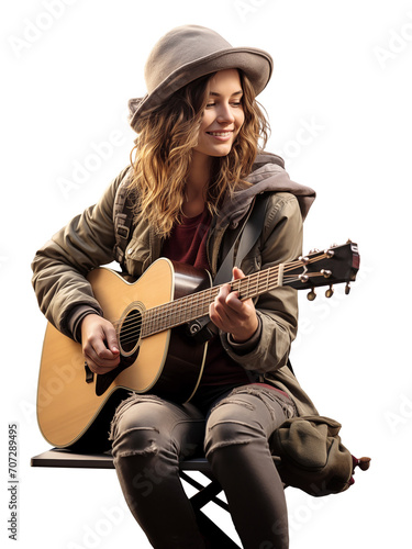 Young woman musician busking playing acoustic guitar outdoors in street. Isolated on transparent, png.  photo