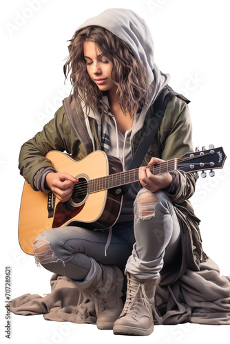 Young woman busking playing acoustic guitar outdoors in street. Isolated on transparent, png.  photo