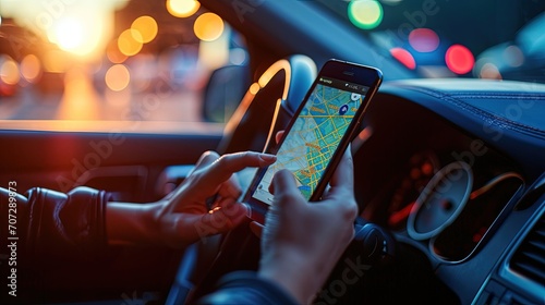 Man searching destination direction or address on gps or navigator application via mobile smartphone inside a car while driving car, close. photo