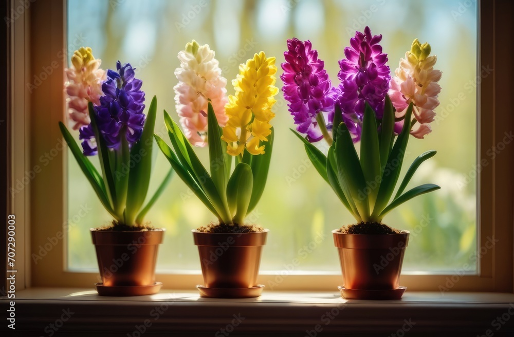 Colorful hyacinths in a pot by the window. Flower Cultivation, Spring