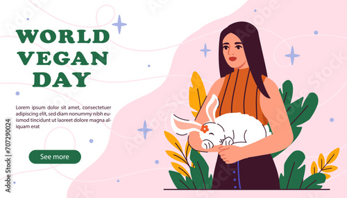 World vegan day poster. International holiday and festival of awareness. Healthy eating and proper nutrition. Landing page design. Stop cruelty against animals. Cartoon flat vector illustration