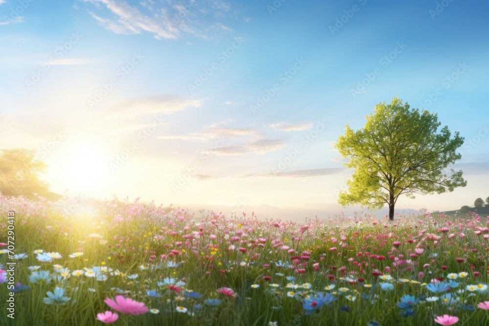 a serene meadow, adorned with vibrant wildflowers and bathed in the soft glow of the morning sun. a serene meadow, adorned with vibrant wildflowers and bathed in the soft glow of the morning sun.