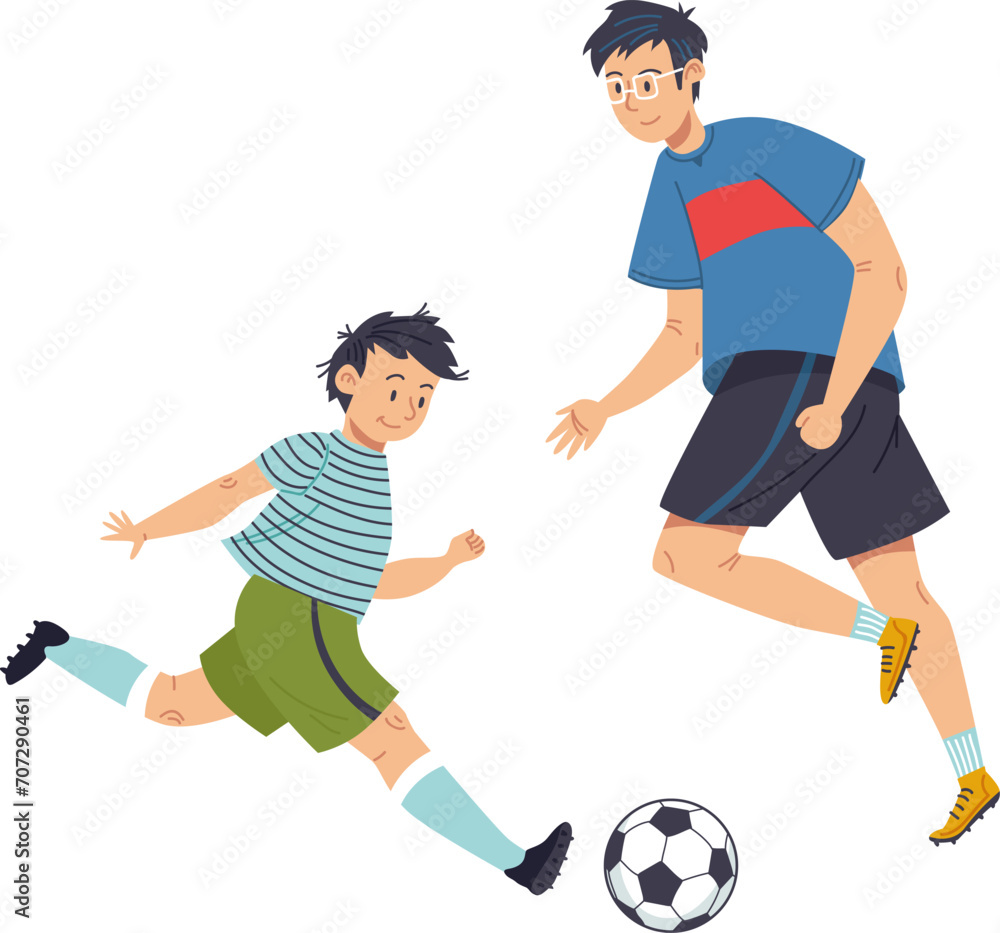 Cheerful family male boy character play football game, children son spending sports time with father cartoon vector illustration, isolated on white. Concept happy soccer exercise, outdoor workout.