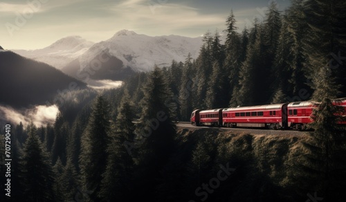 a train traveling through a mountainous area with trees in front of it.