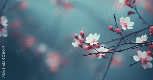 a blurry picture of flowers and branches against a blue background.