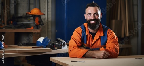 a man in an orange uniform and a beard sitting in front of a desk.