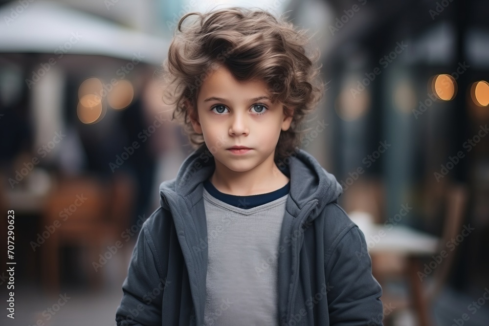 Portrait of a cute little boy with curly hair in the street
