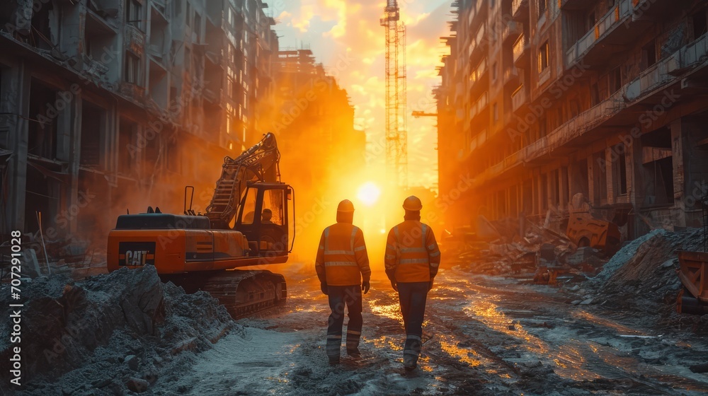 civil engineers stand on the construction site, carefully inspecting the building structure,  Civil Engineers Ensuring Structural Integrity, Assessing Building Stability at Construction