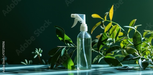 a spray bottle containing leaves and leaves near a table.