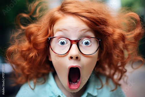 a red hair child in glasses looking surprised. photo