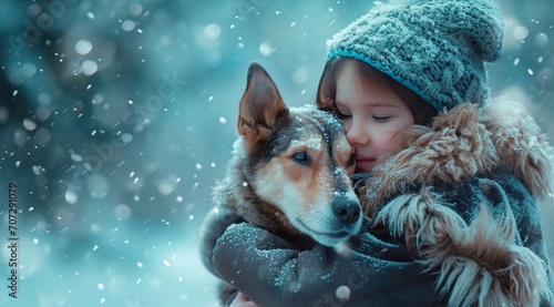 a small girl is hugging a dog in the snow.