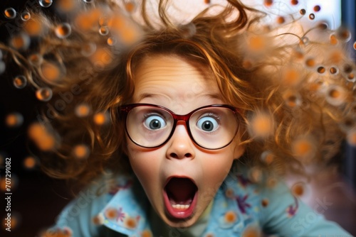 a little girl is surprised with her eyes.