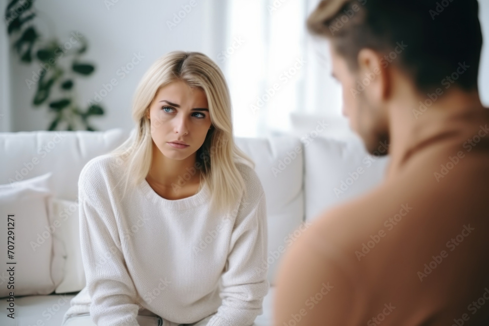 Оffended young blonde woman and man argument, сlose up husband in front and upset wife behind sit at sofa quarrel at home. Family conflict, crisis, psychological abuse, relationships concept Оffended young blonde woman and man argument, сlose up husband in front and upset wife behind sit at sofa quarrel at home. Family conflict, crisis, psychological abuse, relationships concept