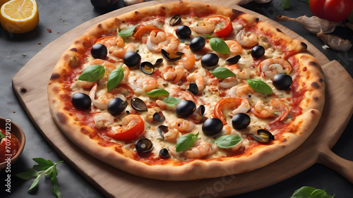 Tasty fresh pizza with seafood on table