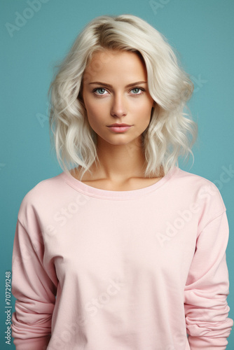 Portrait of a beautiful young woman in a pink sweater on a blue background