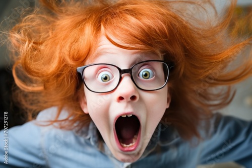 a red hair child in glasses looking surprised.