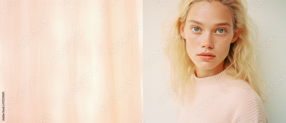 Portrait of a beautiful young blonde woman in a pink sweater . Portrait of a beautiful young blonde woman in a pink sweater .