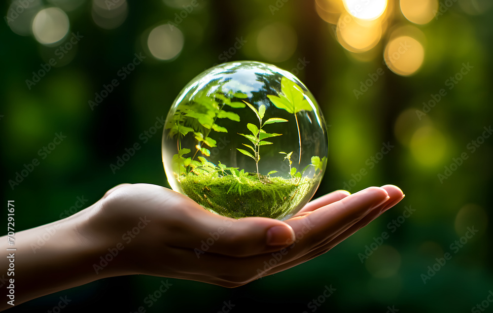 Human hands holding a glass sphere with tree inside and blurred forest background. Earth day concept