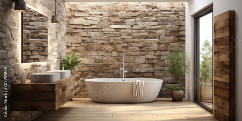 A vintage-style bathtub in a beautiful modern bathroom with sandstone tiles and elegant design.