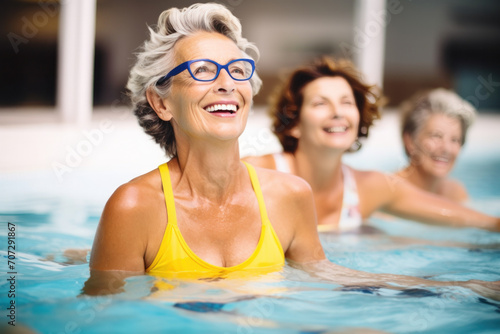 Cheerful seniors enjoying a group fitness session in a pool, fostering wellness and happiness. © Andrii Zastrozhnov