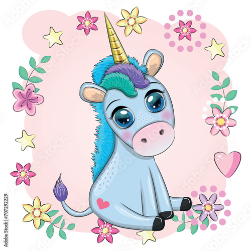 Blue unicorn pony sitting. Cute baby card, baby with big eyes © MichiruKayo